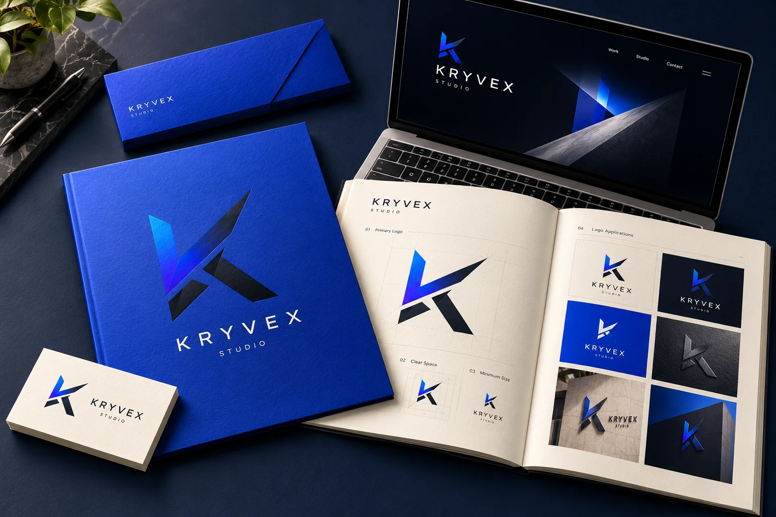 Kryvex Studio identity concept with its blue K mark, brand manual, stationery and website