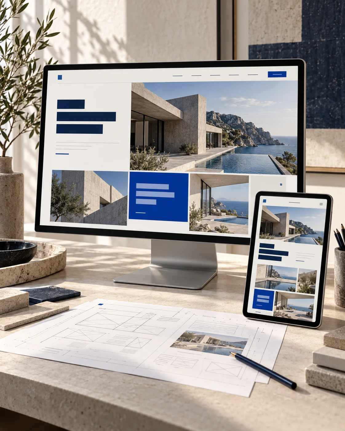 Responsive architecture website on desktop and tablet, with printed wireframes